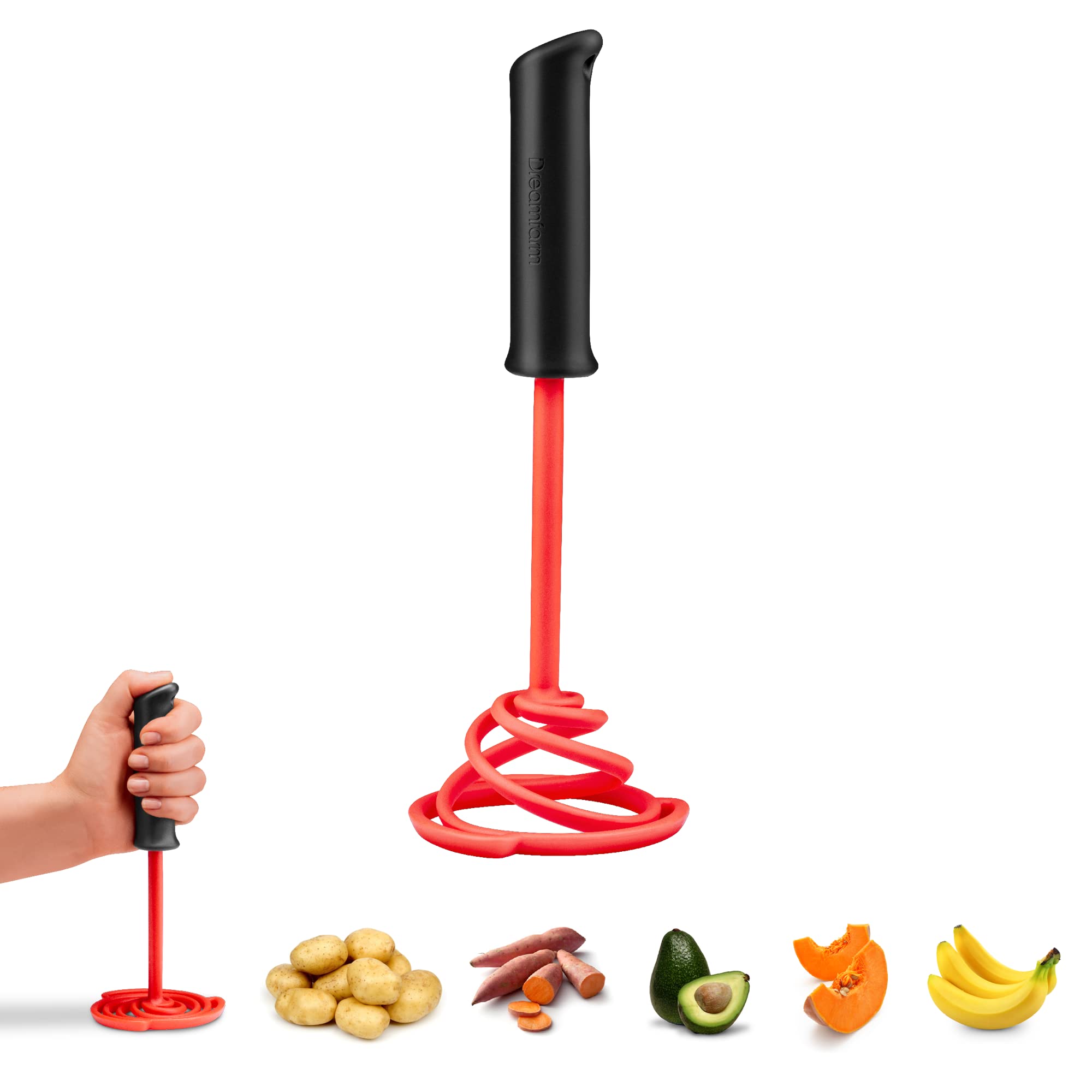 Dreamfarm Smood Lite | One-Handed Nylon Spring Coil Vegetable And Potato Masher With Soft Grip And Bowl Scraper | Red