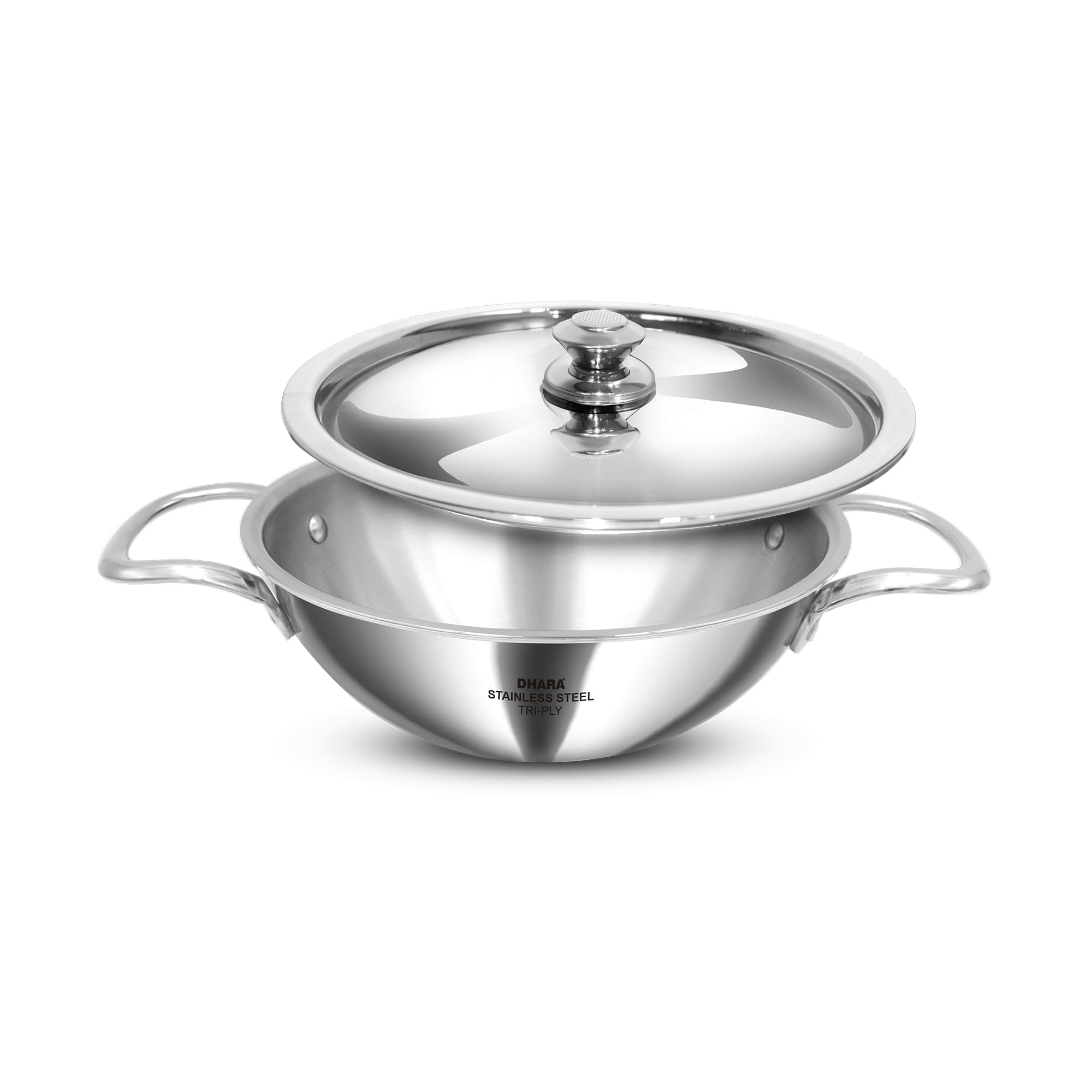 Dhara Stainless Steel Tri Ply Deep Kadai With Lid, 2 Litre/20 Cm Heavy Bottom Steel Kadhai For Daily Cooking, Induction & Gas Co