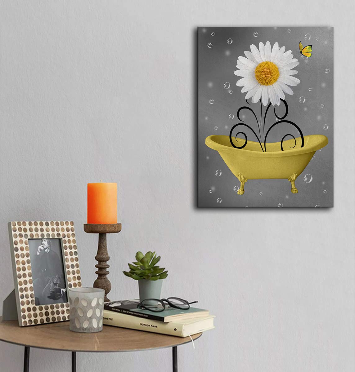 Bathroom Wall Art Daisy Canvas Pictures Modern Flower Bathtub Artwork Rustic Wood Board Background Contemporary Wall Art Decor B