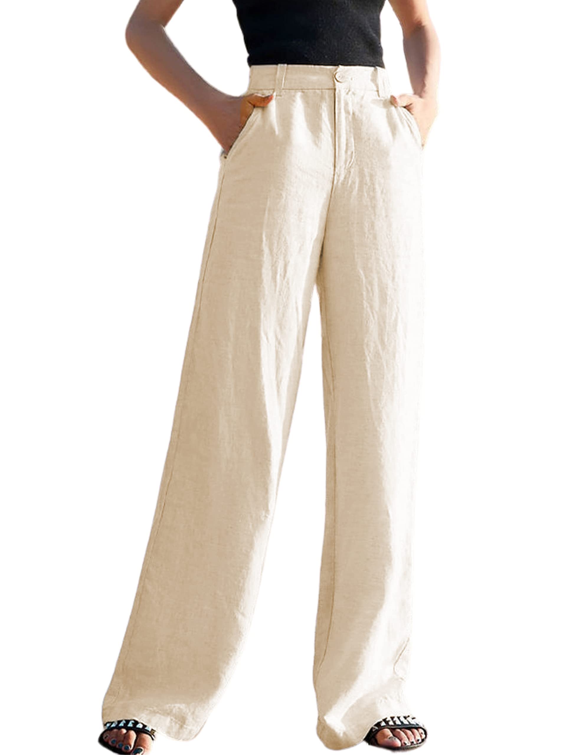 Hooever Womens Casual High Waisted Wide Leg Pants Button Up Straight Leg Trousers(Apricot-S)