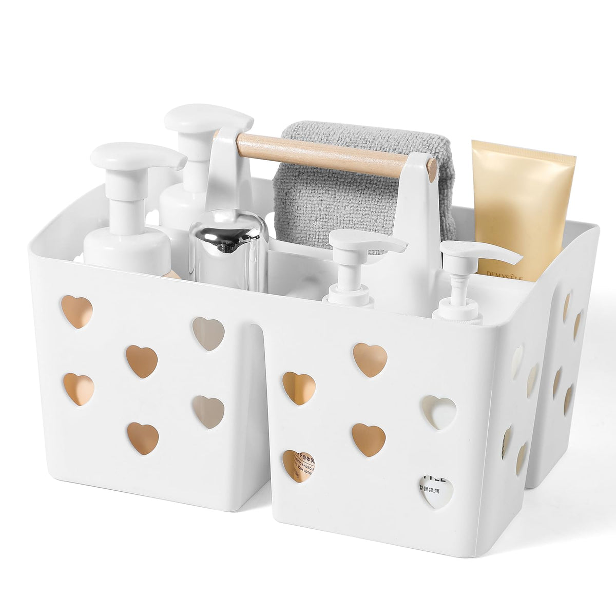 Anyoifax Portable Shower Caddy Plastic Basket With Wood Handle Divided Shower Tote Storage Organizer With Compartments For Bathr