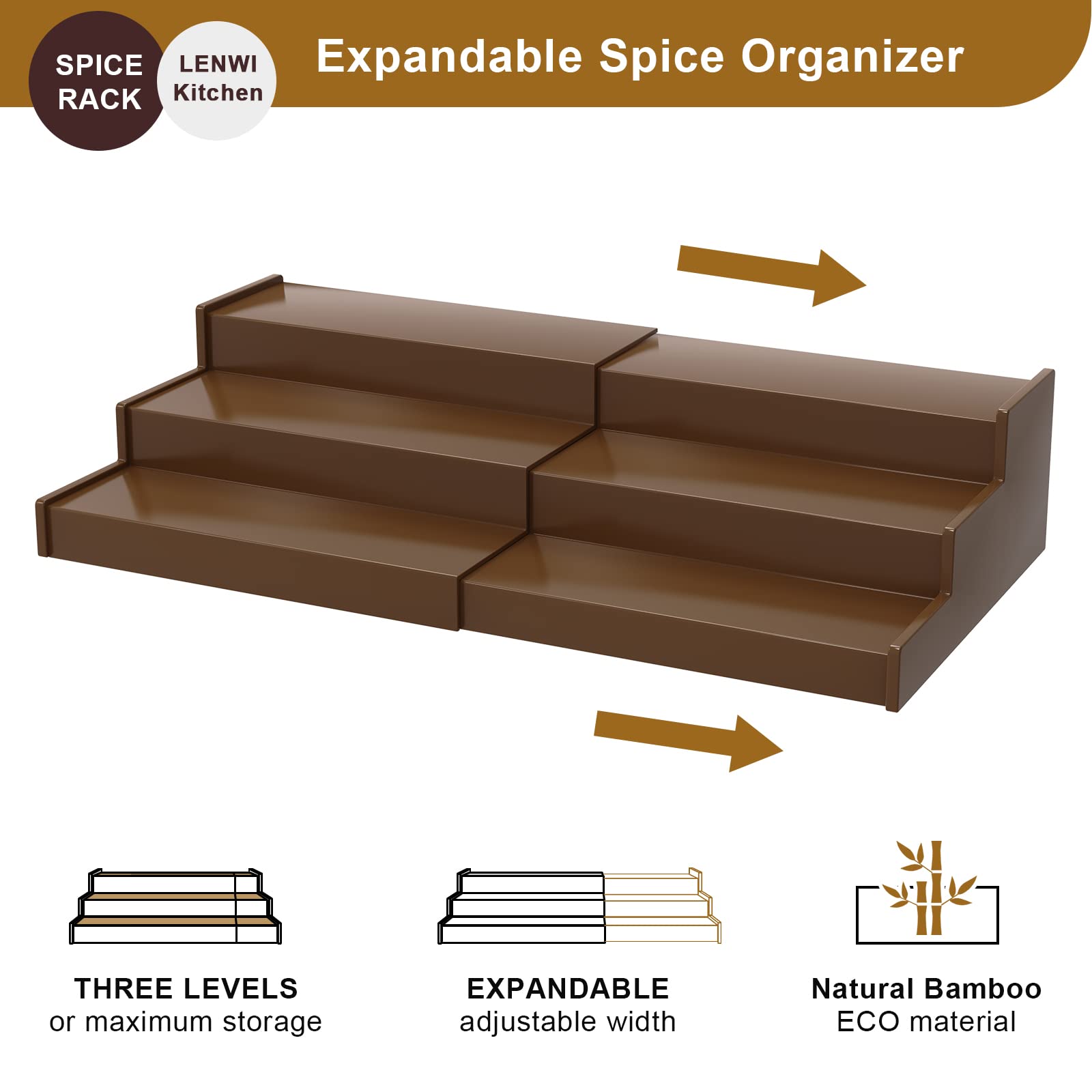 Lenwi Spice Rack Organizer for Cabinet, 3 Tier Expandable Bamboo Spice Storage, Great for Kitchen Cabinet, Cupboard,Pantry and M
