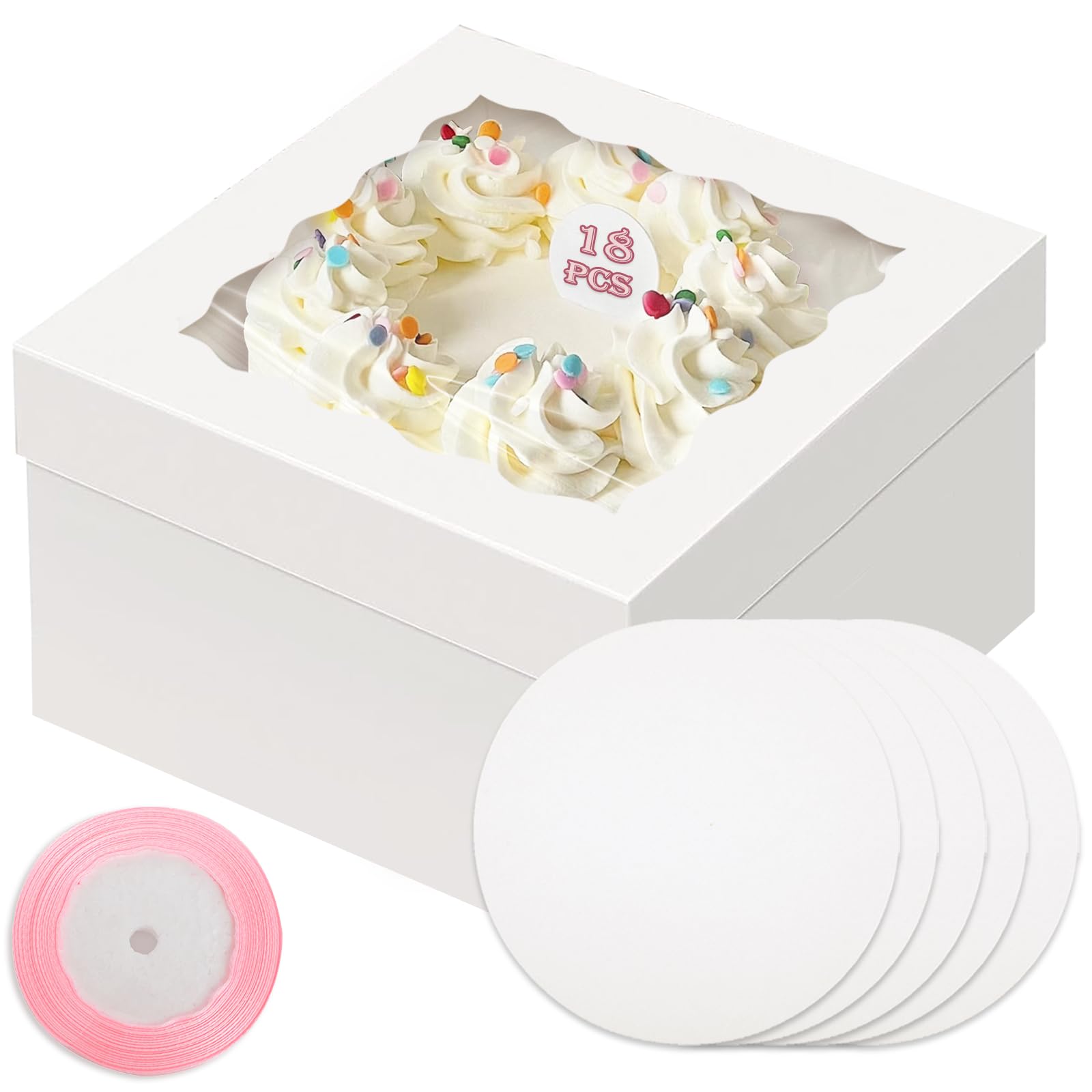 Qiqee White 10X10X8 Cake Box, 18 Sets Cake Box With Window  18 Sets 10 Cake Round Boards, 10Inch Cake Containers, 10 Meters Pink