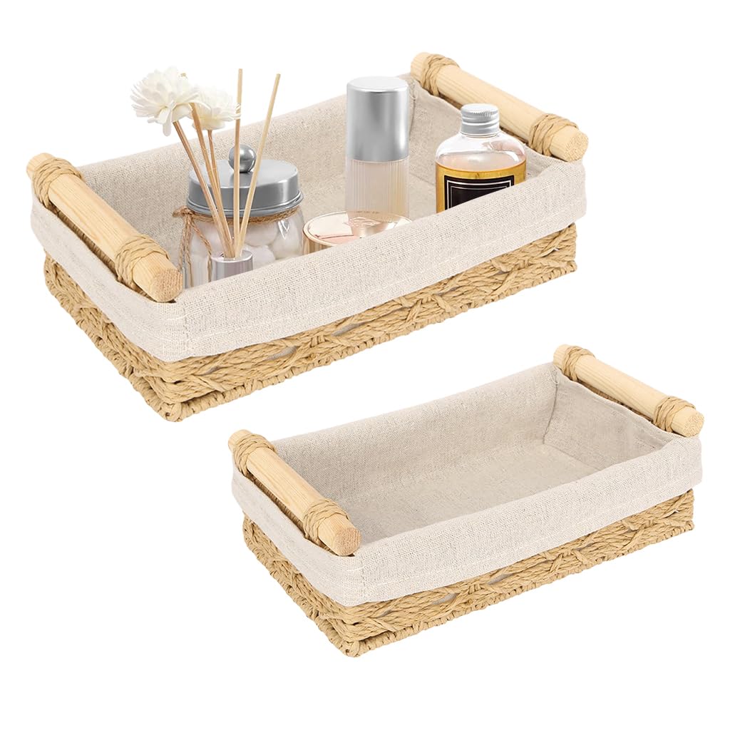 Hasthip 2Pcs Wicker Storage Baskets With Wooden Handle, Decorative Bins For Desk, Countertop Toiletries Organizer, Cane Baskets 