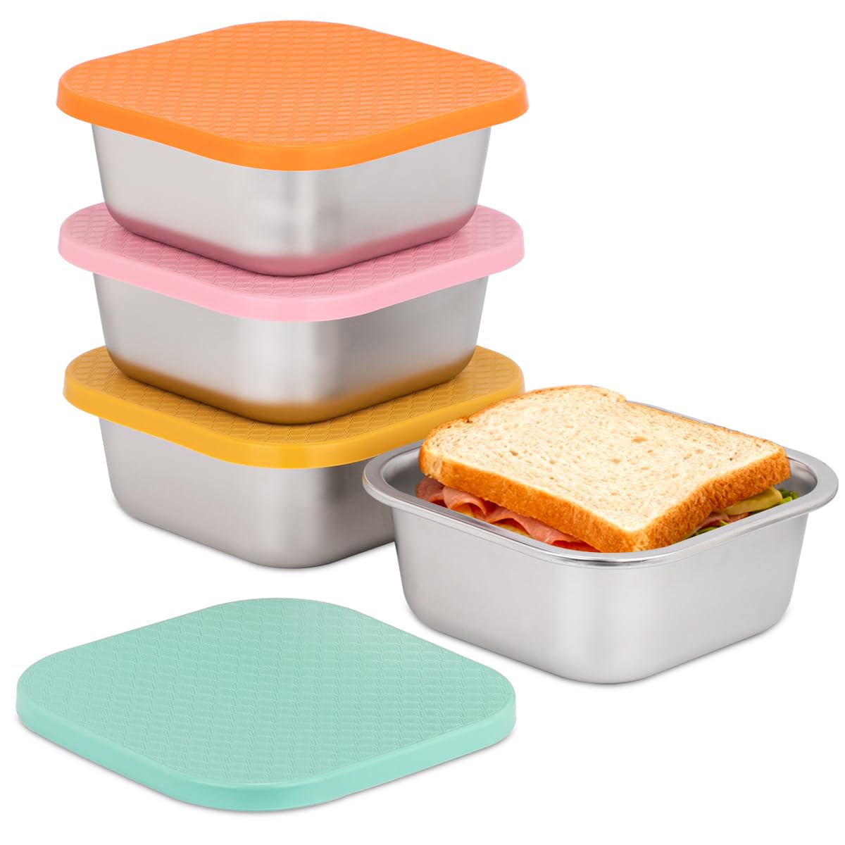 4 Pack Stainless Steel Sandwich Containers & Box, 30oz Metal Food Storage