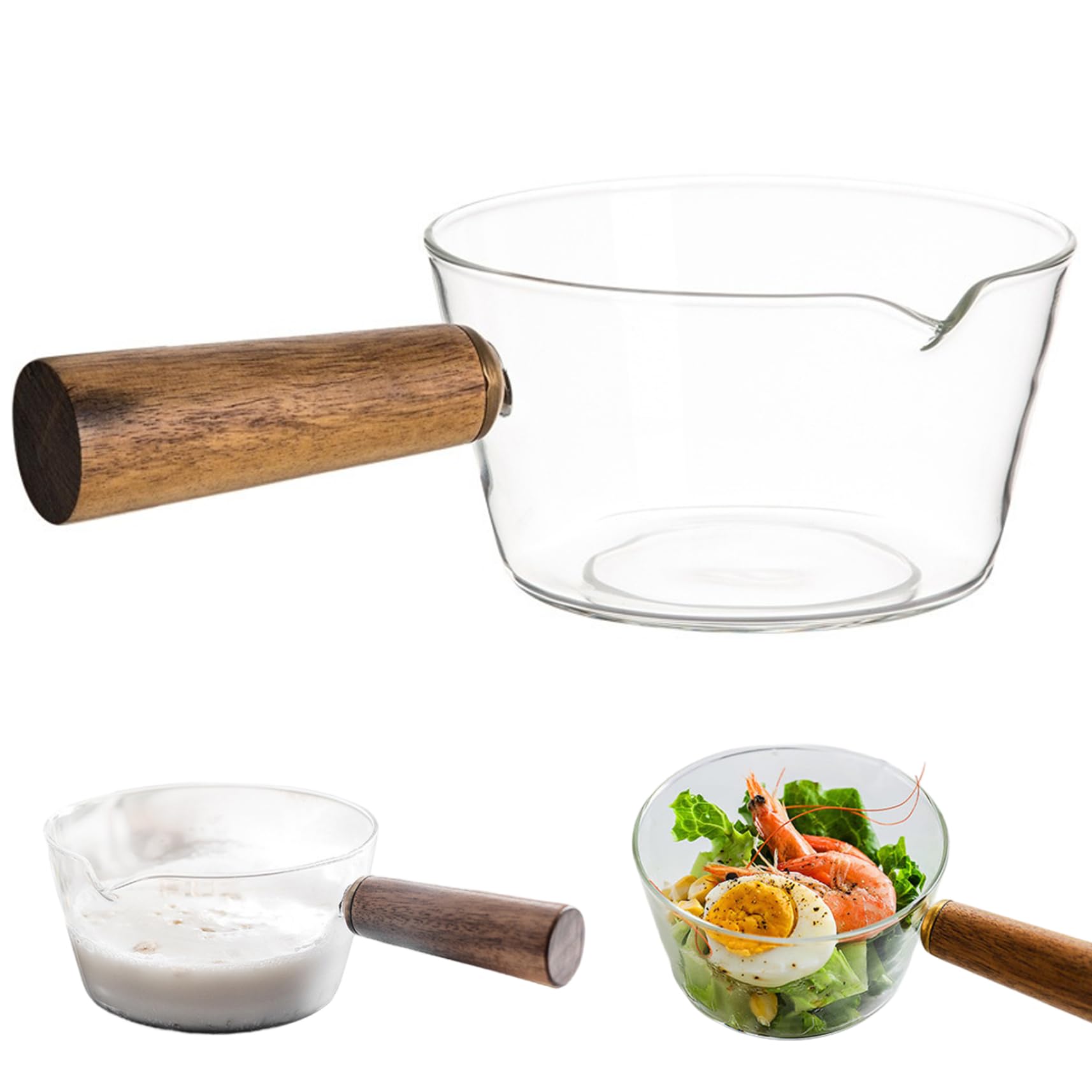Ssguopte Milk Pot, 600ml Clear Glass Saucepan with Wooden Handle & Spout, Nonstick Simmer Pot for Noodles, Pasta, Soup, Milk and