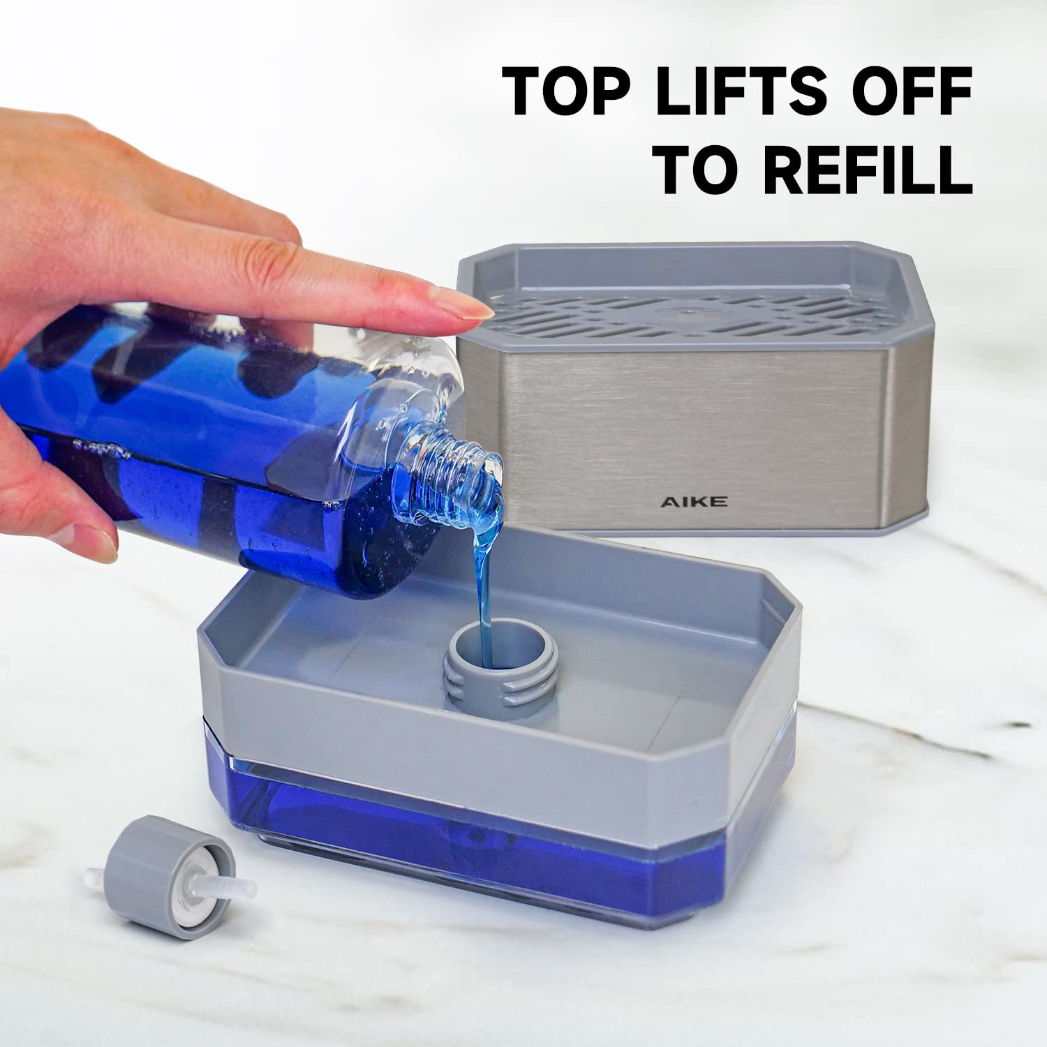 AIKE Dish Soap Dispenser and Sponge Holder for Kitchen Sink Brushed Stainless Steel (Sponge Not Included)