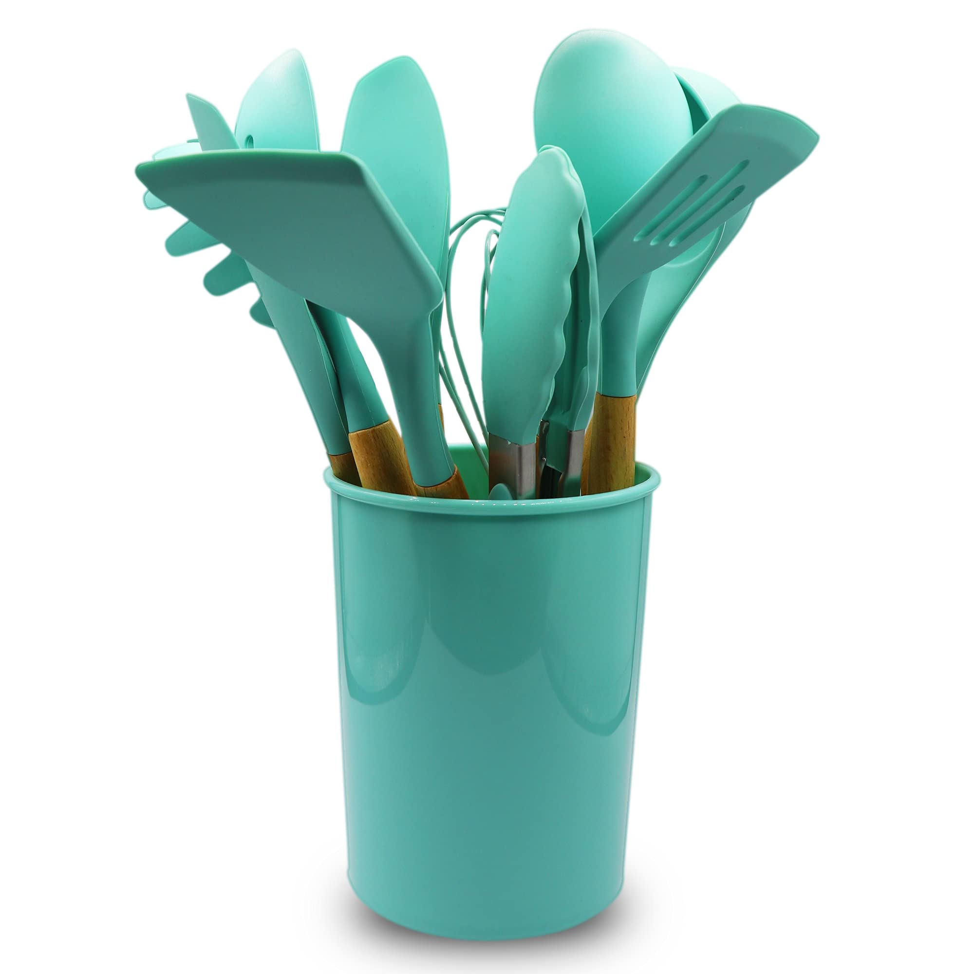 Cheer Collection 12 Piece Silicone Spatula Set With Wooden Handles - Non-Stick Silicone Utensils For Cooking, Aqua