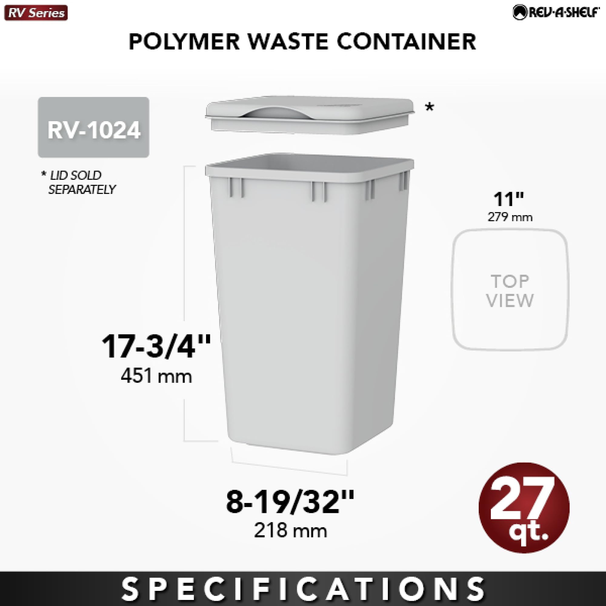 Rev-A-Shelf Large 27 Quart Replacement Home Kitchen Multipurpose Plastic Trash or Recycle Waste Container Basket Bin  White  RV-1024-52