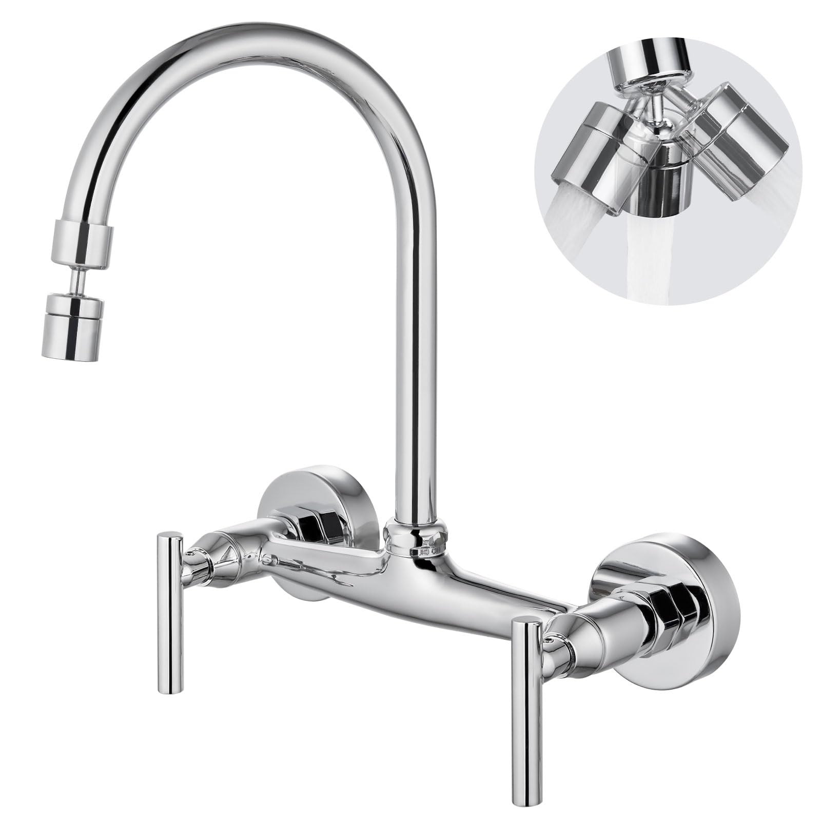 Airuida Chrome Polish Wall Mount Kitchen Sink Faucet Wall Mounted Kitchen Faucet 8 Inch Center Double Handles 360 Degree Swivel