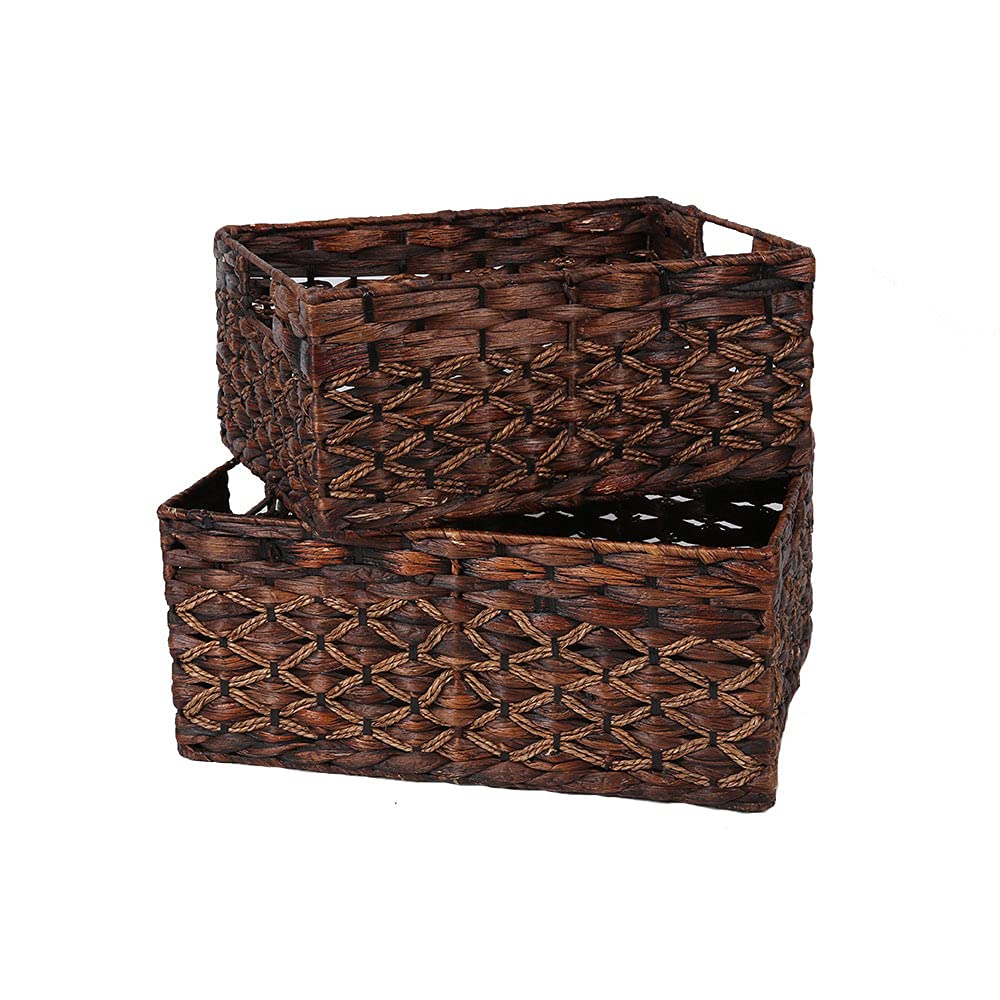 Rectangular Woven Water Hyacinth Basket,Dark Storage Basket With Inside Handle Shelves Kitchen Office Desk (Set Of 2)