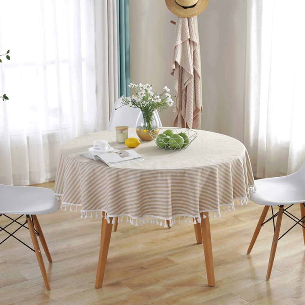 Amzali Stripe Tassel Tablecloth Cotton Linen Table Cloth Stain Resistant Dust-Proof Table Cover For Kitchen Dinning Tabletop Hom