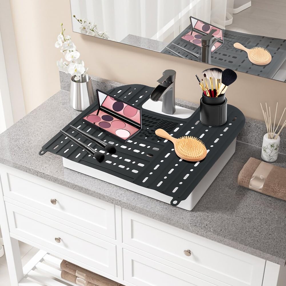 PUXING Foldable Sink Cover - Heat Resistant Silicone Mat for Makeup & Counter Space, Black