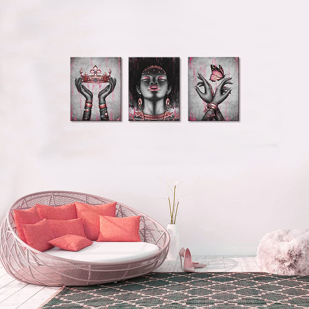 Visual Art Decor African American Canvas Wall Art Black Woman Portrait Fashion Gold Rose Pink Necklace Bracelet Queen Crown Butt