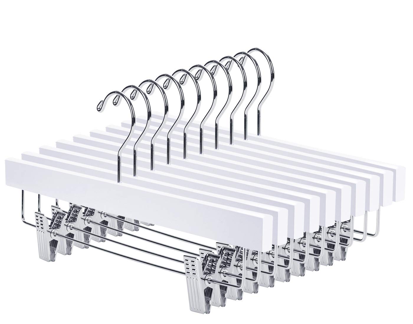 Nature Smile Wooden Pants Hangers Wood Bottom Jeans Skirt Hanger With Clips Anti Rust Hook Pack Of 10 (White)