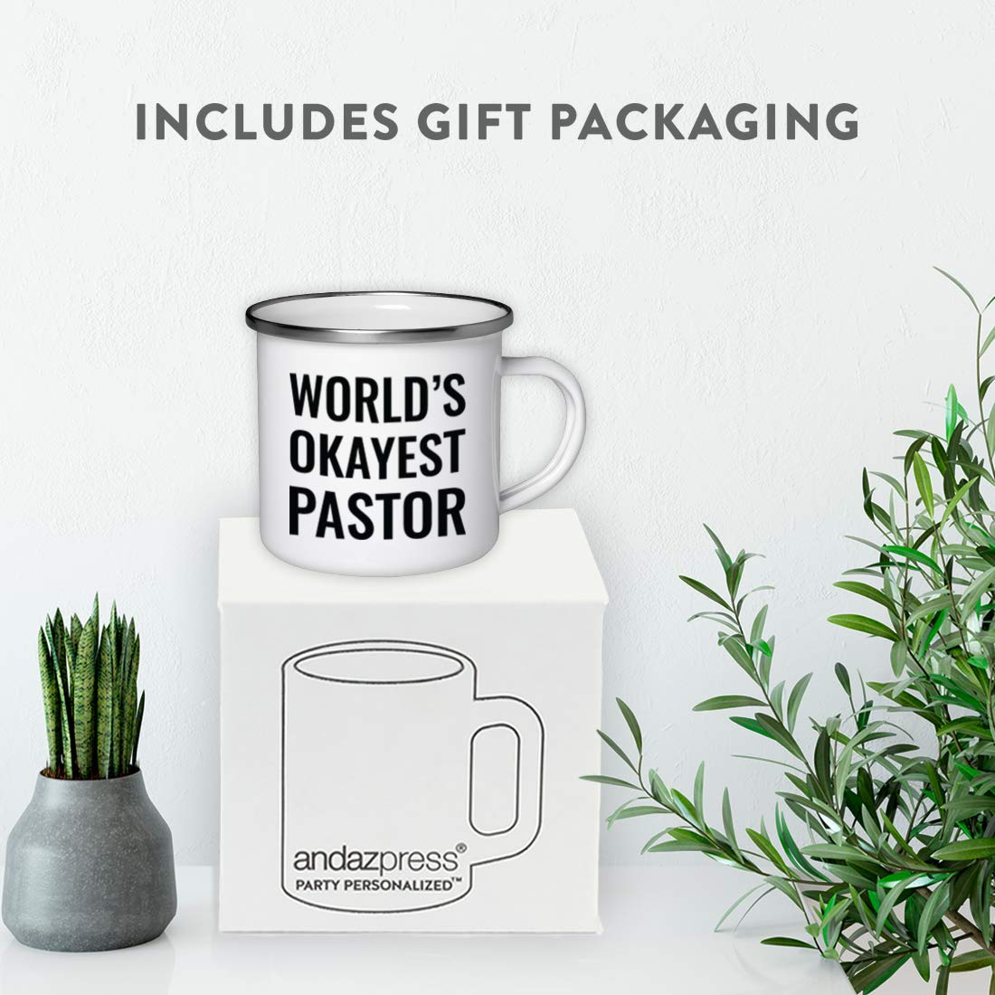 Andaz Press 11Oz. Stainless Steel Campfire Coffee Mug Gag Gift, World'S Okayest Pastor, 1-Pack, Enamel Metal Camping Camp Cup Pa