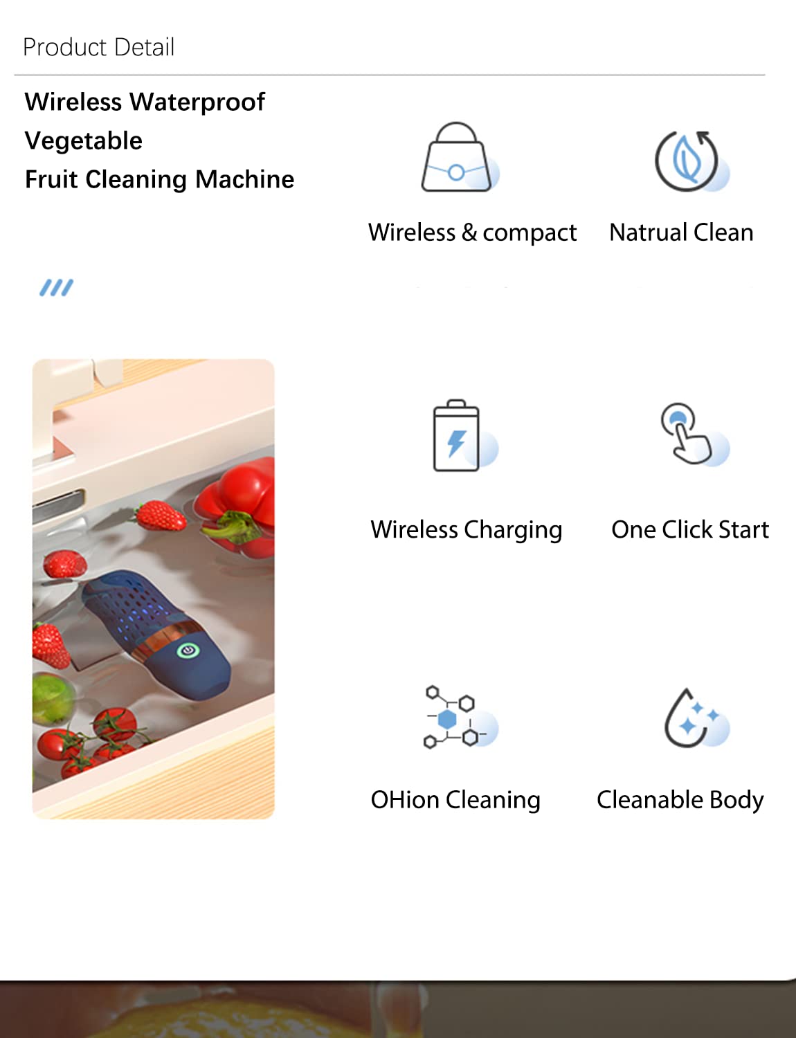 Bcrto Vegetable And Fruit Cleaner Machine, Aquapur Water-Proof Fruit Cleaning Device With Oh-Ion Purification Technology 250Min