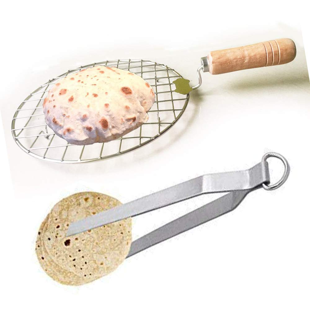 Wooden & Steel Roasting Net with Tong,Pakkad,Roasting Net,Stainless Steel Wire Roaster,Cooking Rack,Papad Grill,Chapati Grill,Ro