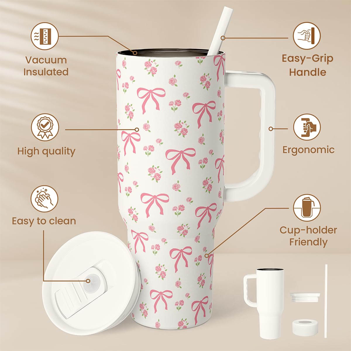 SANDJEST Bow Tumbler with Handle 40oz, Stainless Steel Insulated Tumblers Coffee Travel Cup with Slider Straw Lid, Gifts for Wom