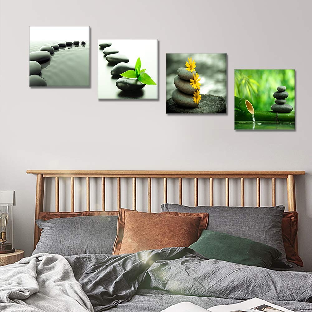Artscope 4 Pieces Canvas Prints Wall Art - Japanese-Style Black Stone And Zen Culture Picture Painting- Modern Wall Artwork Fram