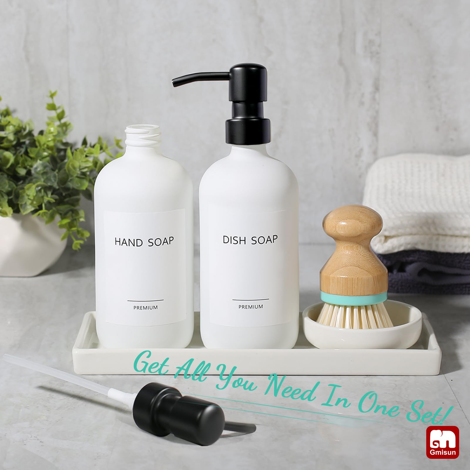 Gmisun Kitchen Soap Dispenser Set, 16 Oz Hand And Dish Soap Dispenser With Ceramic Tray & Bamboo Dish Brush, 2 Pack White Glass