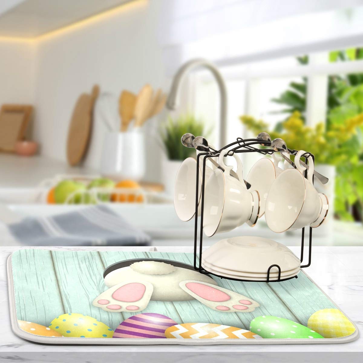 Happy Easter Eggs Bunny Tail Dish Drying Mat 18X24 For Kitchen Easter Day Rabbit Flowers Dishes Pad Dish Drainer Rack Mats Absor