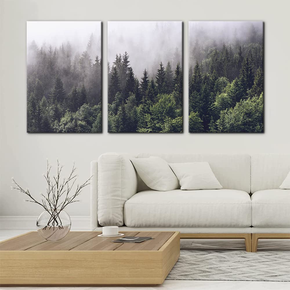 Pacimo Canvas Wall Art Fog Over Pine Tree Forest Nature Wilderness Photography Modern Art Rustic Landscape Relax/Calm Cool For W