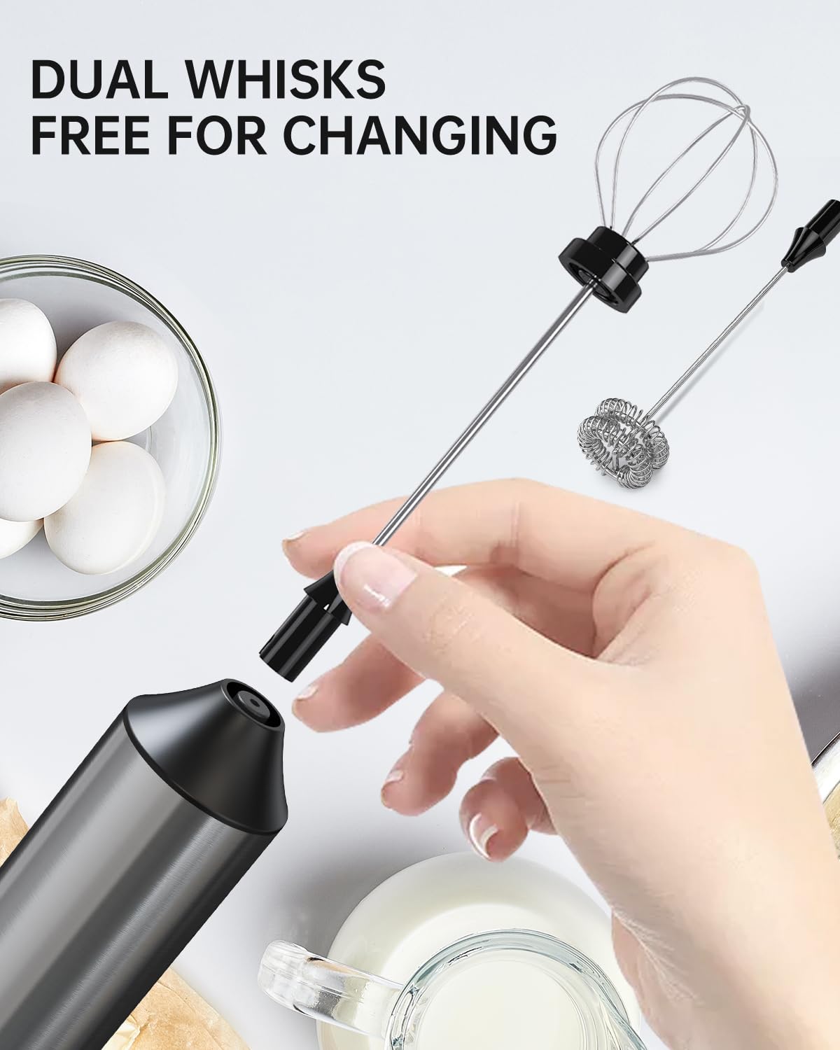 Circle Joy Powerful Milk Frother Handheld With 3-Speed, Coffee Frother Wand Rechargeable Mini Drink Mixer With 2 Stainless Steel
