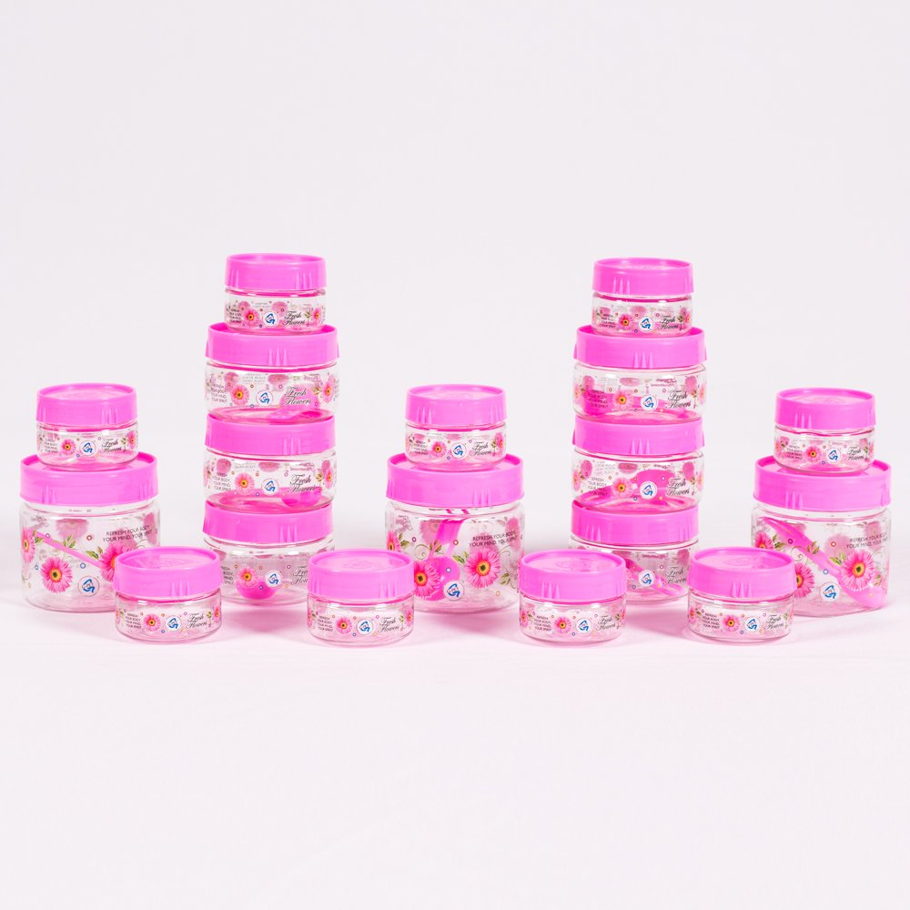 GPet Print Magic Container Pink Pack Of 18  Plastic Grocery Container | Home Kitchen Container | Plastic Jar Set, Standard (Pm
