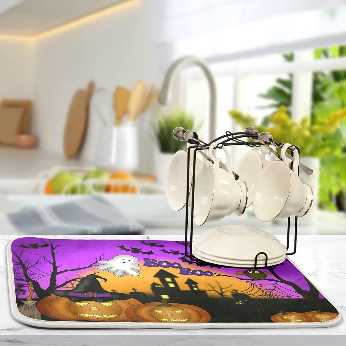 Happy Halloween Pumpkin Ghost Dish Drying Mat 16X18 For Kitchen Counter Witch Skull Purple Reversible Dishes Pad Dish Drainer Ra