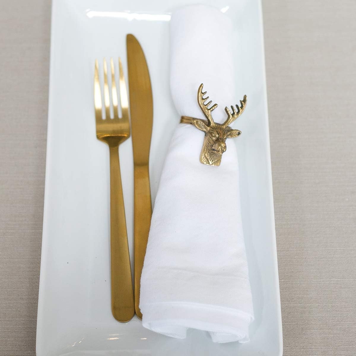 Accent Decor Deer Head Brass Napkin Rings In Jute Bag, Set Of 6