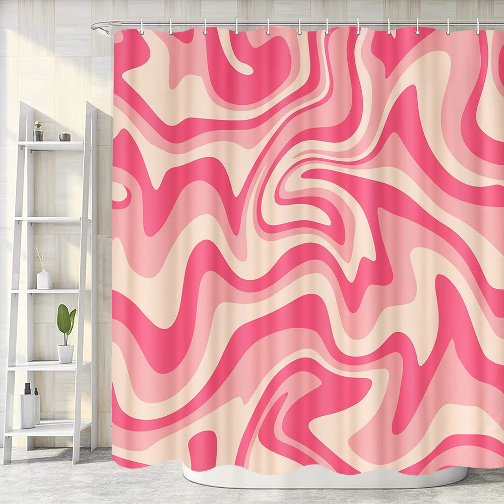 Dongbei Pink Shower Curtain, Aesthetic 70S 80S Abstract Wavy Swirl Cute Beige Boho Shower Curtain, Retro Minimal Bathroom Access