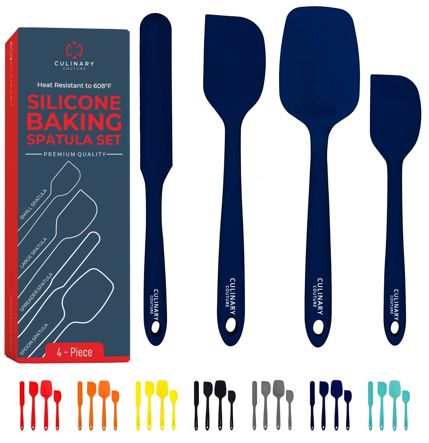 Culinary Couture 4-Piece Blue Silicone Baking Spatula Set - Rubber Spatulas Silicone Heat Resistant Up To 608F, Bpa-Free - Silic