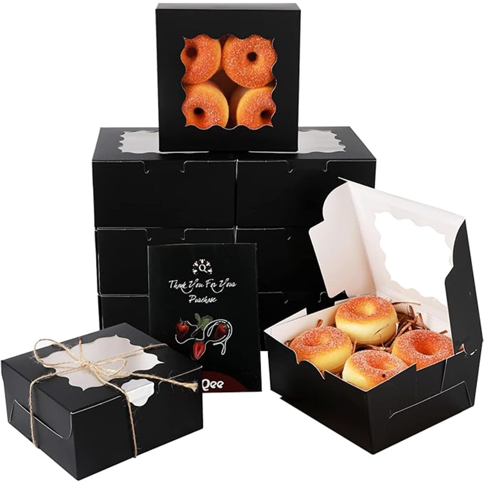Qiqee Black Cookie Boxes With Window 100Packs 6X6X3 Black Bakery Box Pastry Box For Wedding Favor Birthday & Party
