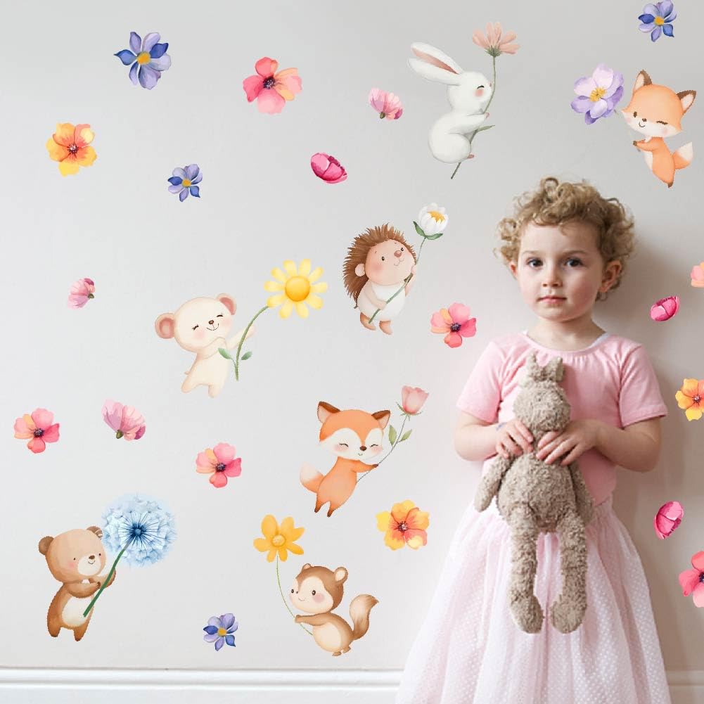 SUPERDANT Cartoon Animals Wall StickerAnimals and Flowers Wall Decor Kids Room Art Murals Classroom Decals Peel and Stick Adhesi