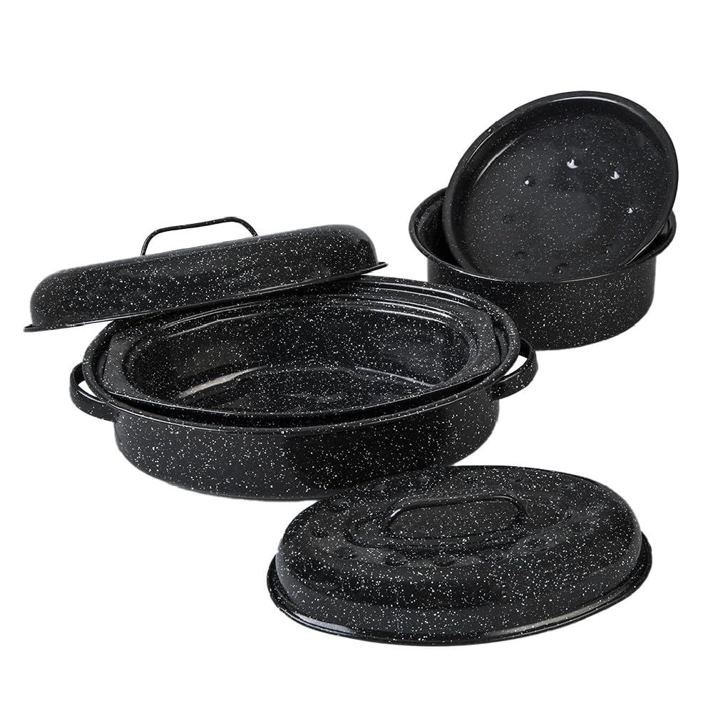 Granite Ware Roasting Set Covered Oval Roaster 13 In And 15 In, Round Roaster 3 Lb. (Speckled Black) - Enamelware Roasting Pan, 