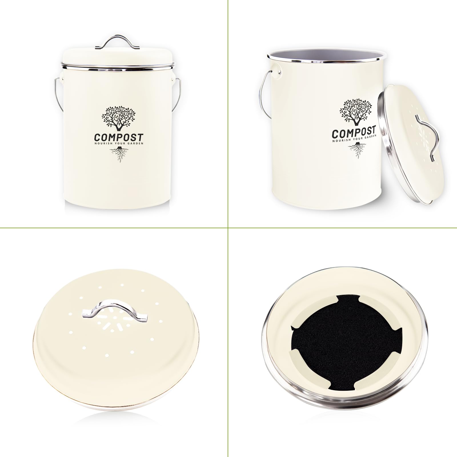 Holismo Kitchen Countertop Compost Bin - Medium Cream, Odor Resistant Metal Bucket with Lid & Charcoal Filter