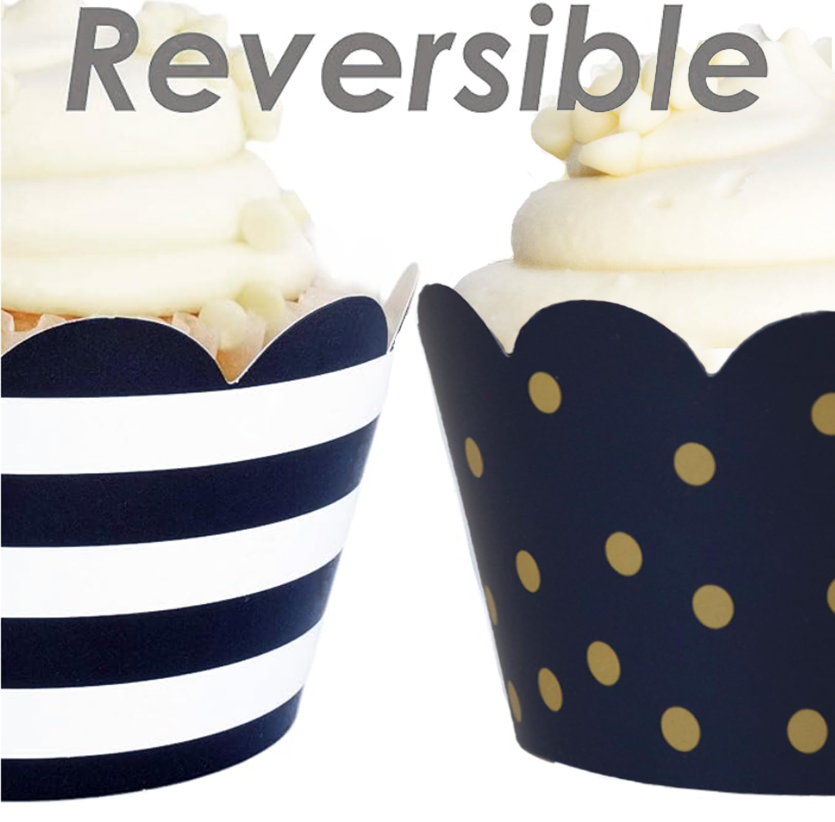 Cupcake Wrappers - Navy & White Wedding, Gold Dots Kate Stripe Classy Bridal, Baby Shower Decoration, Nautical Birthday Party, M