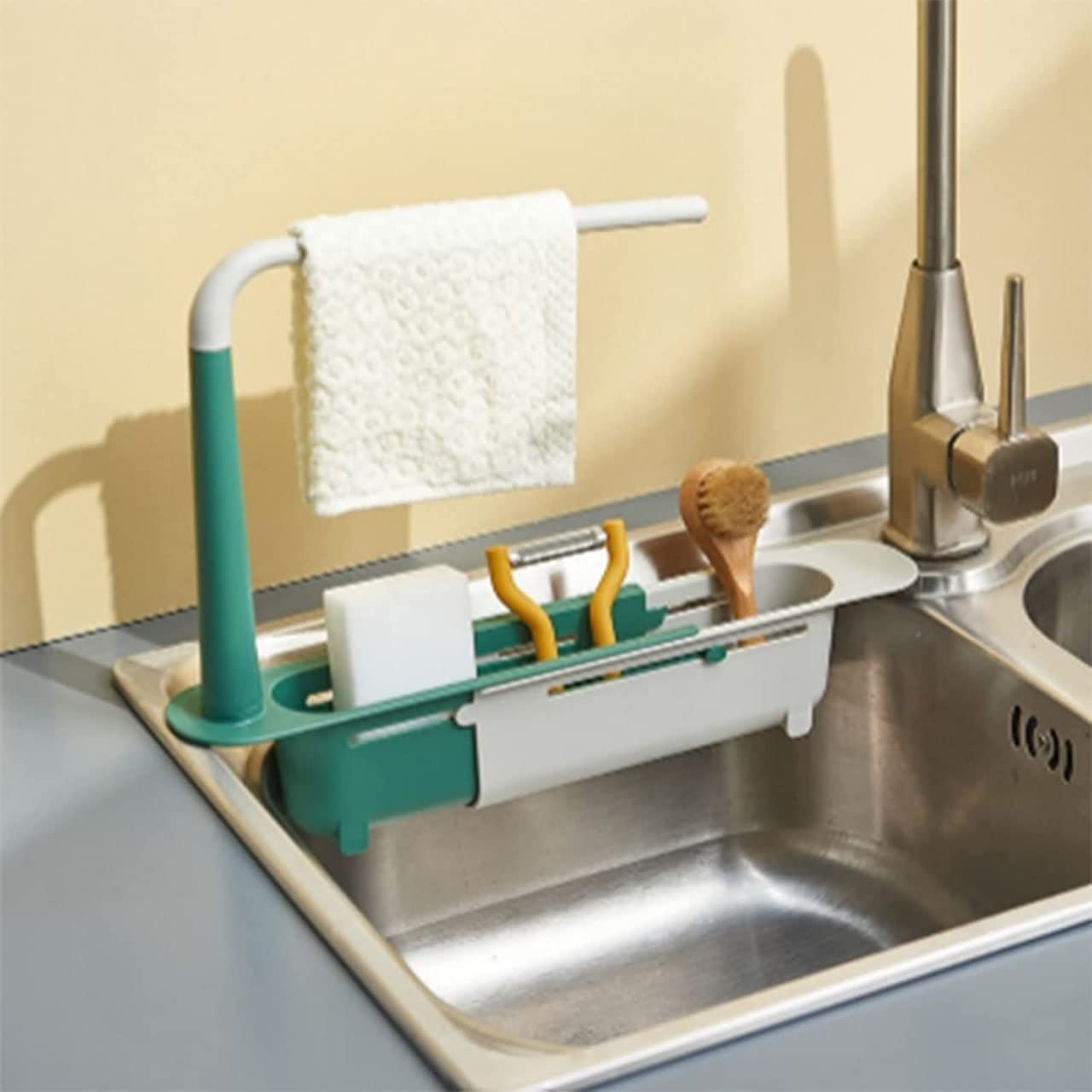 Vunexo Plastic Adjustable Telescopic 2In1 Sink Storage Rack Holder With Dishcloth For Home Kitchen | Multicolor