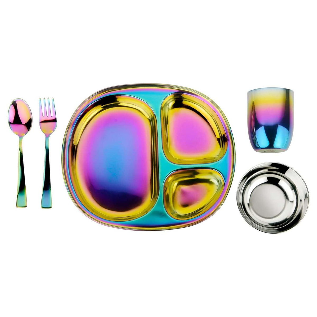 Ahimsa Kids and Toddler Plate and Bowl Set | Pediatrician Designed - Mindful Mealtime 5 Piece Stainless Steel Dish Set | Include