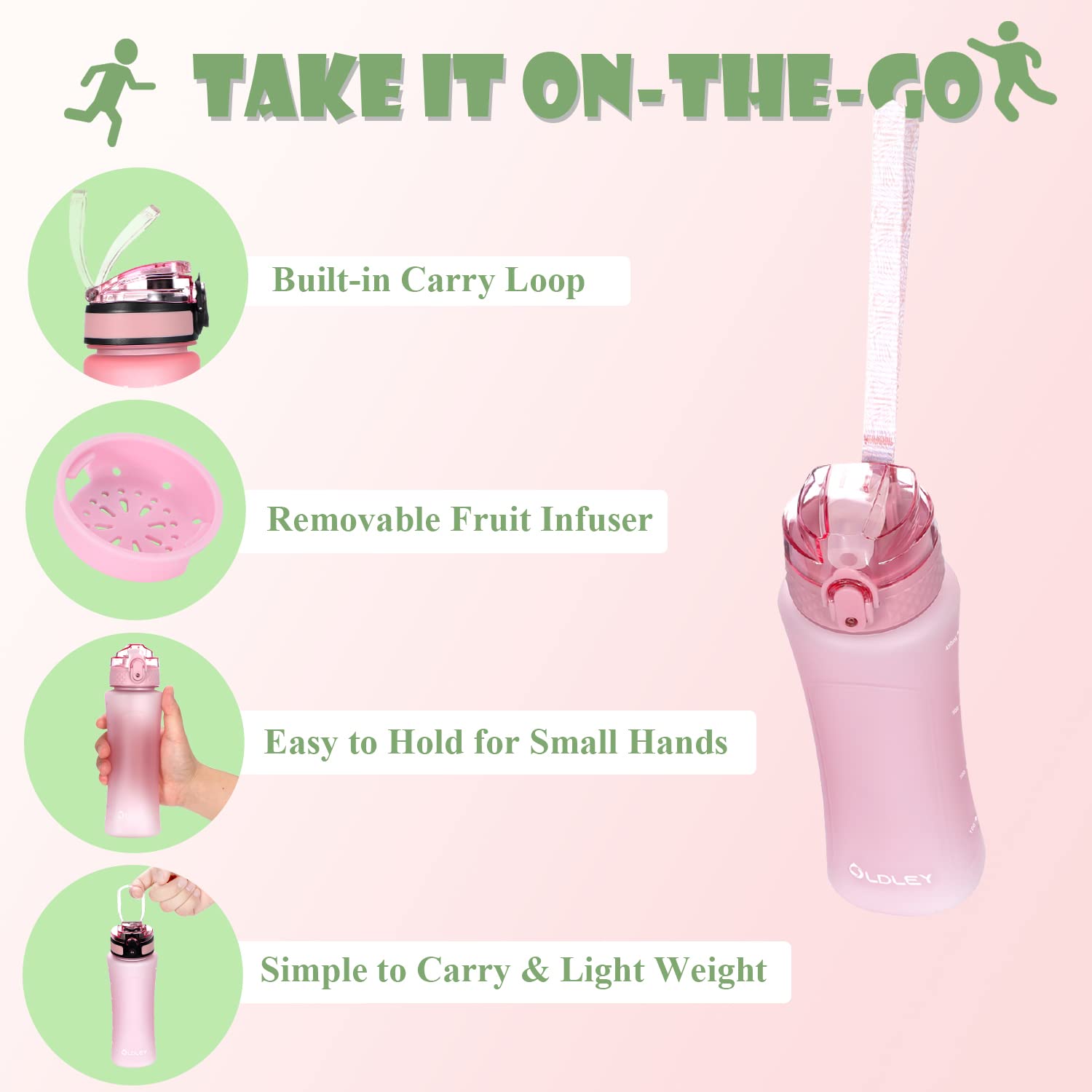 Oldley Water Bottle With Straw & Chug Lid For Kids Girls Child, 15 Oz Leak-Proof Bpa-Free Motivational Water Bottles With Time M