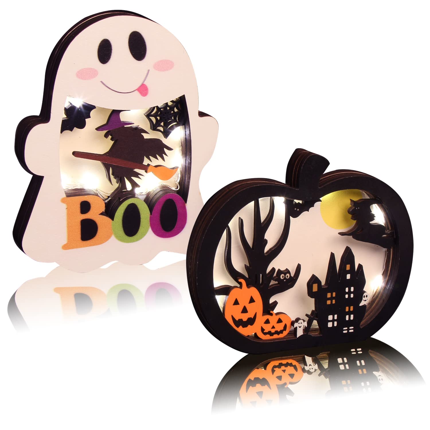 CCINEE 2pcs Halloween Lighted Wooden Table Decoration, Ghost Pumpkin Tabletop Centerpieces LED Boo Spooky Sign for Trick or Trea