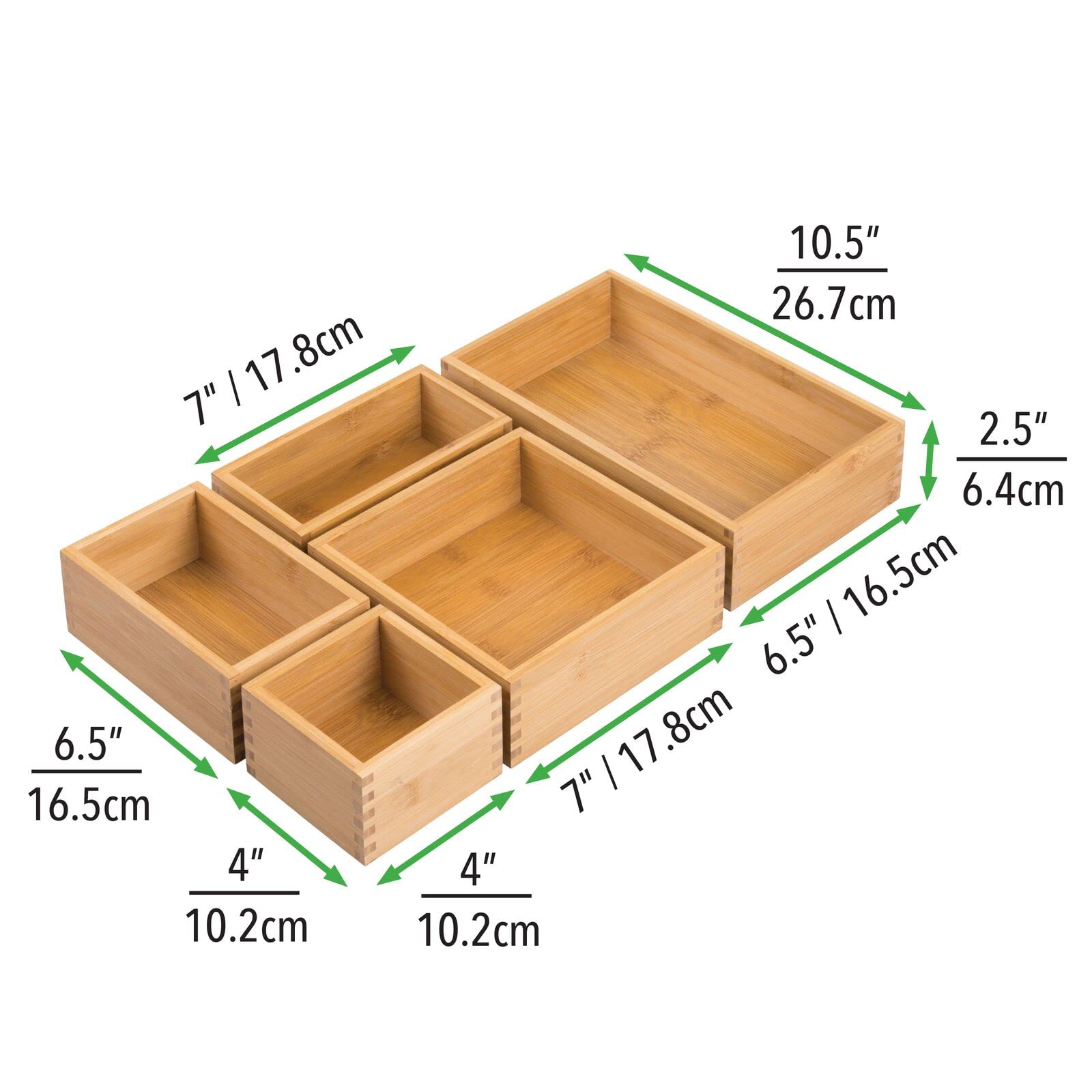 mDesign Bamboo Wood Kitchen Cabinet Drawer Organizer Tray Bins - Multipurpose - Use in Drawers  on Countertops  Shelves or in Pantry - Varied Sizes - Echo Collection - Set of 5 - Natural
