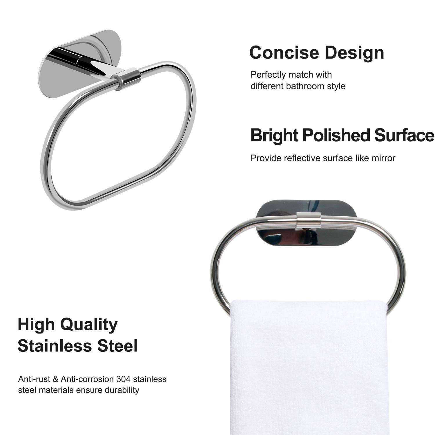 HouseAid Self Adhesive Towel Ring for Bathroom  Stainless Steel Adhesive Hand Towel Holder  No Drilling Modern Hand Towel Hanger  Polished Chrome