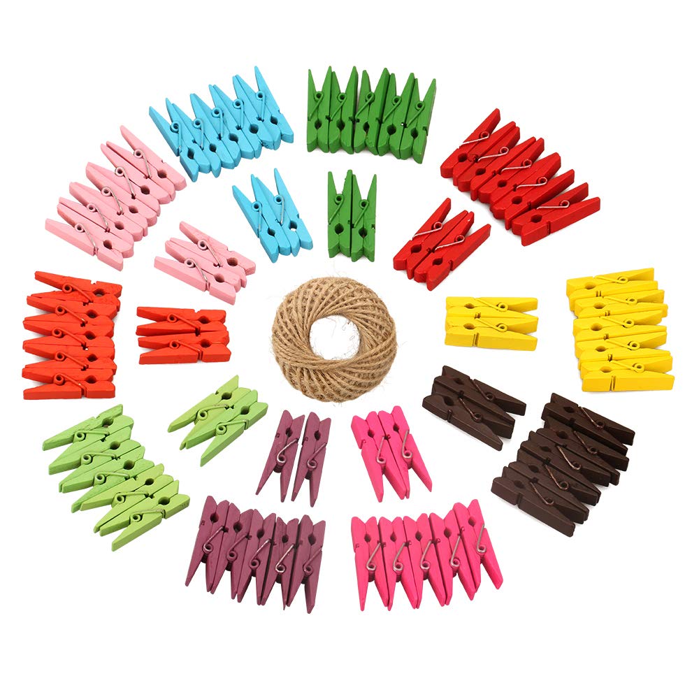 Jijacraft 100Pcs Colorful Clothespins With String Cords, 1.4 Inch Heavy-Duty Wooden Clothes Pins With 98 Feet Jute Twine, Mini P