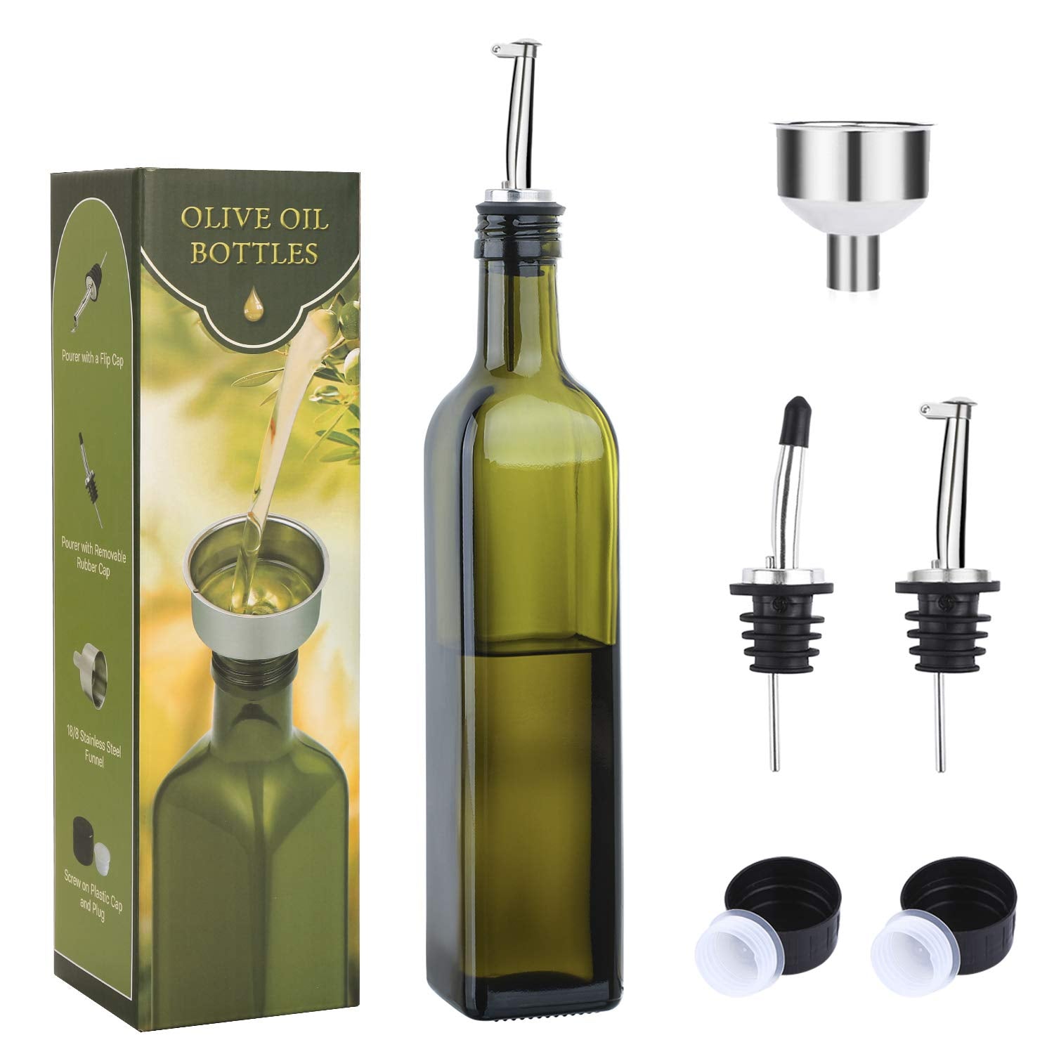 Aozita 17Oz Glass Olive Oil Bottle Dispenser - 500Ml Green Oil And Vinegar Cruet With Pourers And Funnel - Olive Oil Carafe Deca