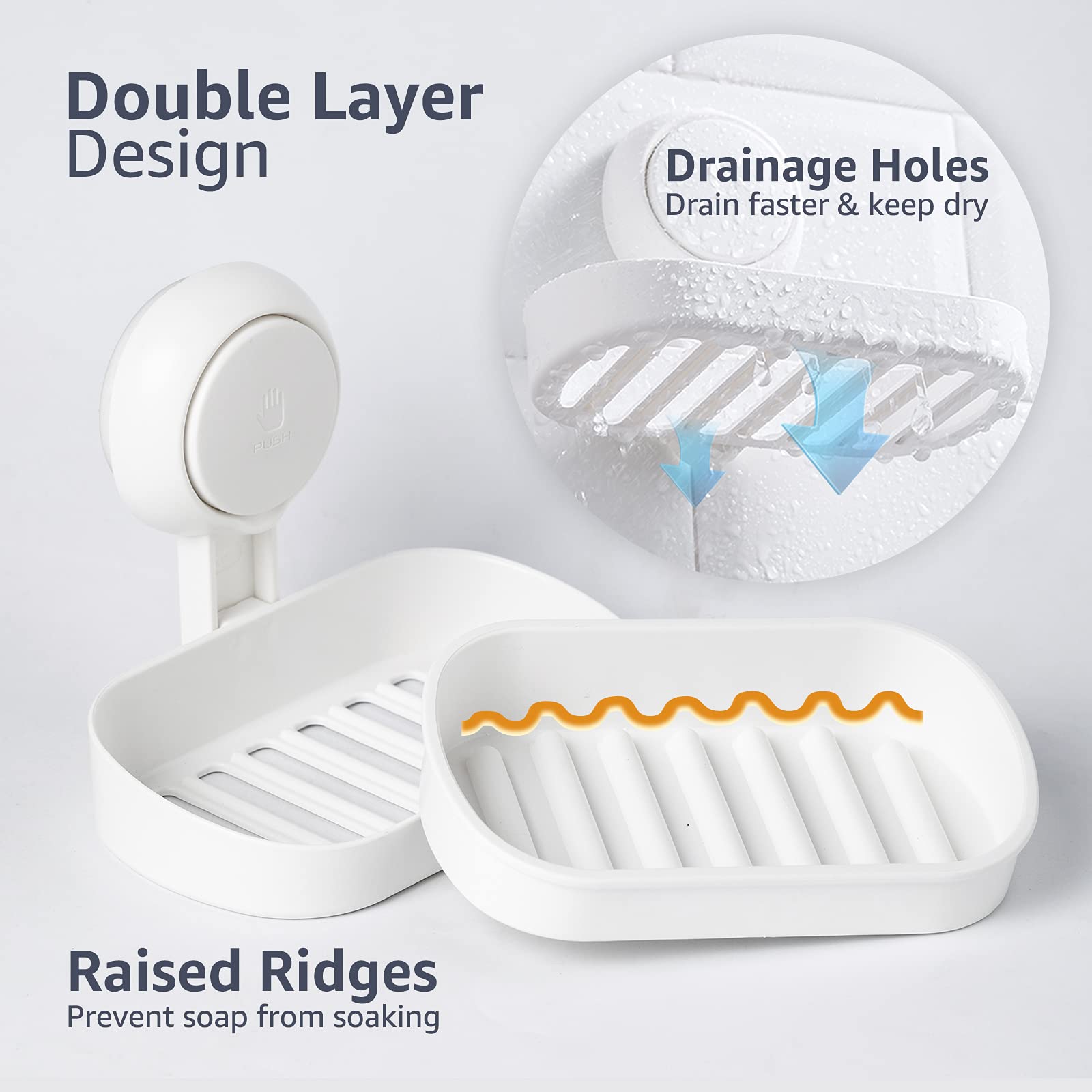 Leverloc Soap Dish Holder For Shower Suction Cup Wall Mounted Self Draining No-Drilling Removable Bar Soap Sponge Holder For Bat