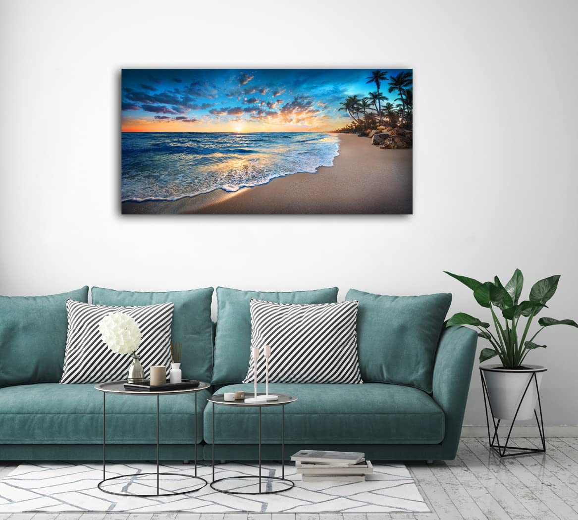 Jiuqinghua Canvas Print Wall Art - Blue Beach Ocean Landscape - 40" x 20" - Framed Wood Decor for Living Room, Bedroom, Office