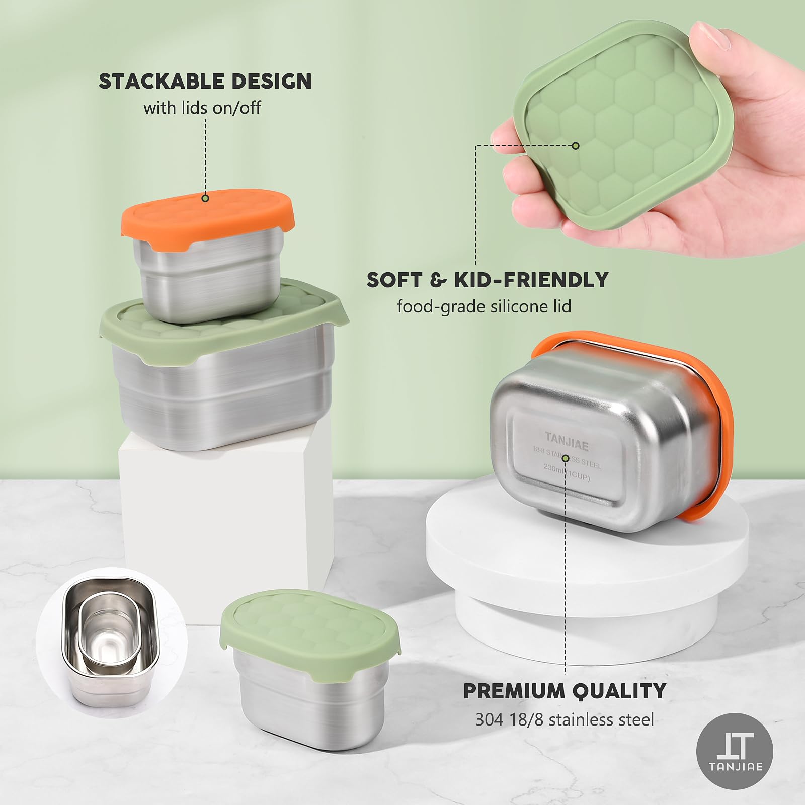 Tanjiae Stainless Steel Snack Containers For Kids & Salad Dressing Containers Sets | Easy Open Small Food Containers With Silico