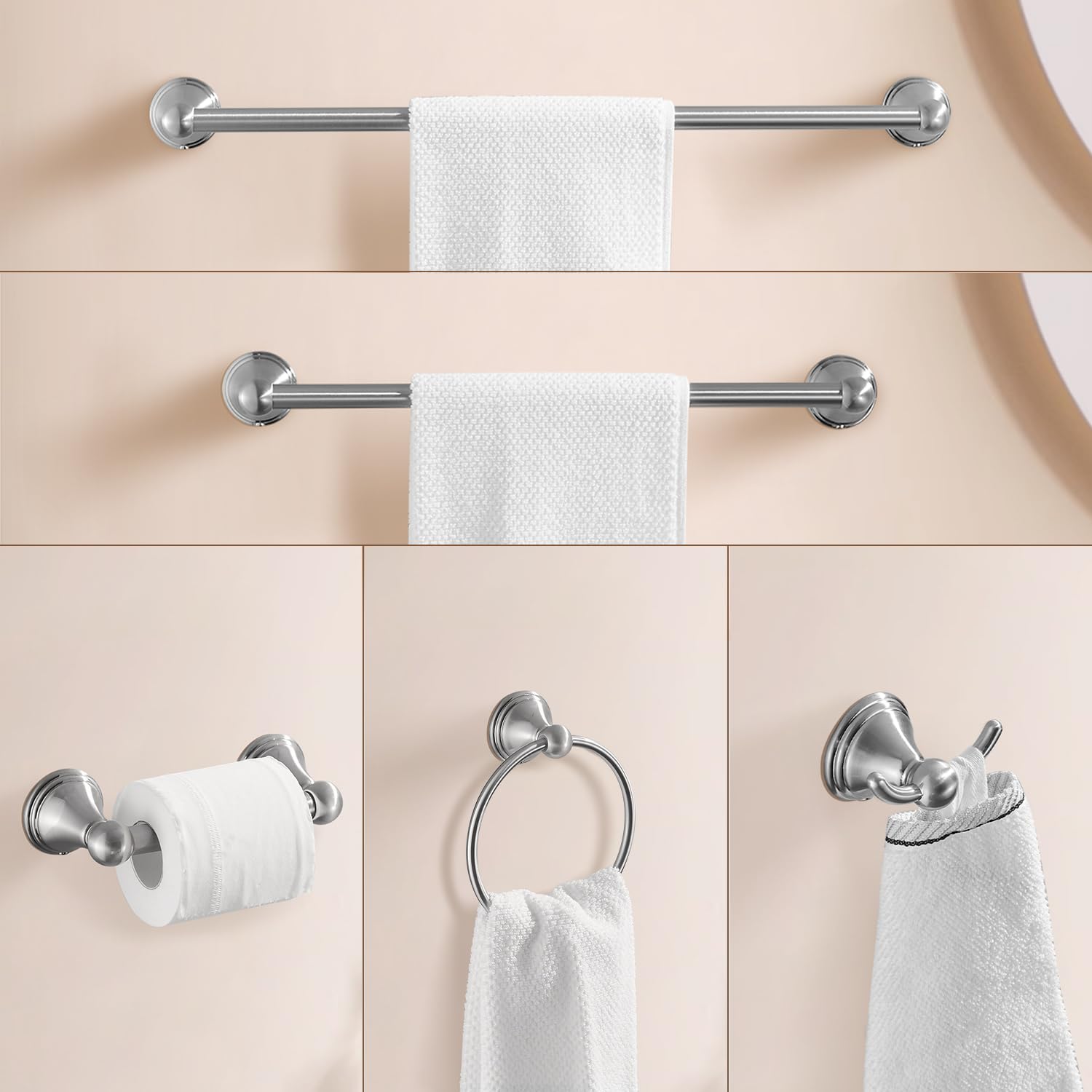 Sagetta Nickel Bathroom Hardware Set, 5-Piece Bath Accessories Set Wall Mount Includes 20 In Towel Bar, 15.35 In Towel Bar, Towe